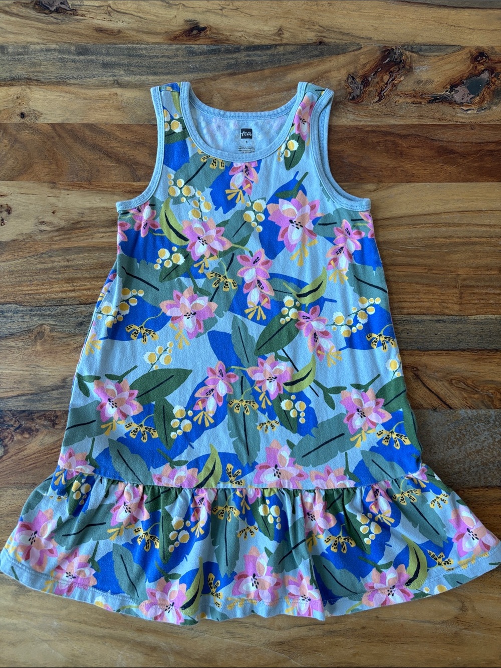 Tea Collection Blue Floral Tank Dress with Pink Flowers